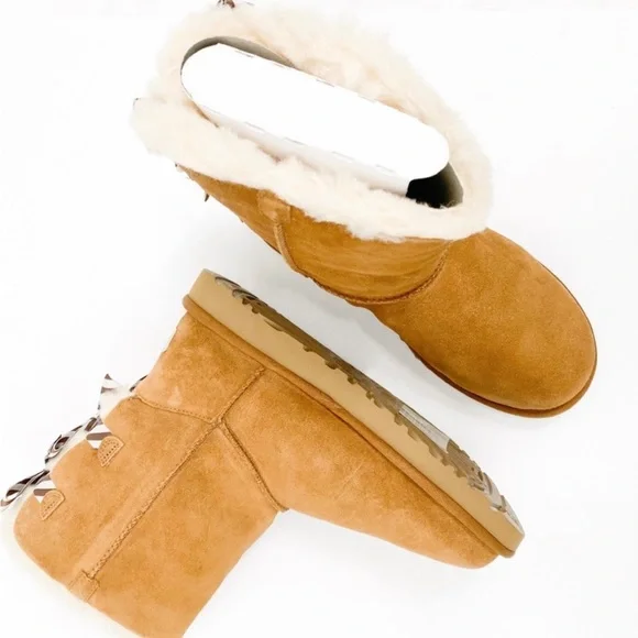 UGG BAILEY BOW DIAGONAL STRIPES BLACK SUEDE SHEEPSKIN WOMEN'S BOOTS - Picture 5 of 5